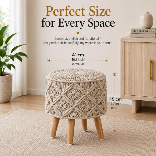 Image of Macrame Ottoman for Living Room | Handcrafted Woven Foot Rest Stool with Solid Wooden Legs | Pouffe for Sitting, Foot Stool for Bedroom & Home Decor | 16x16x18 Inch (Beige)