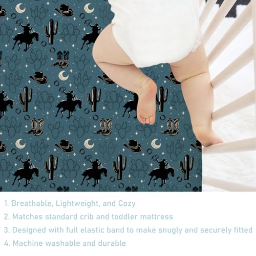 Image of Vintage Western Cowboy Baby Crib Sheets 52''x28'' Cowboy Horse Boots Hat Cactus Moon Snug Fitted Crib Mattress Cover for Boy Girl Wild Plants Soft Baby Bed Sheet for Standard Crib Toddler Mattress