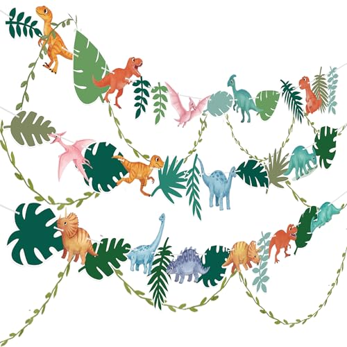 KARAQY 3PCS Dinosaur Party Banners Jungle Dino Palm Leaves Garlands with Green Vine Dinosaur Birthday Party Decor for Baby Shower or Safari Theme Events