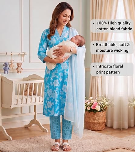 Image of DUMMY SHAPE Feeding Kurtis for Women Cotton Blend | Floral Kurta Pant Dupatta Set with Nursing Zippers to Pre & Post Partum | Maternity Dresses | Mom to Be Gifts for Pregnant Woman
