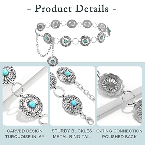 ELABEST Turquoise Chain Belt Silver Concho Belt Cowgirl Cowboy Western Waist Chain for Women and Men3