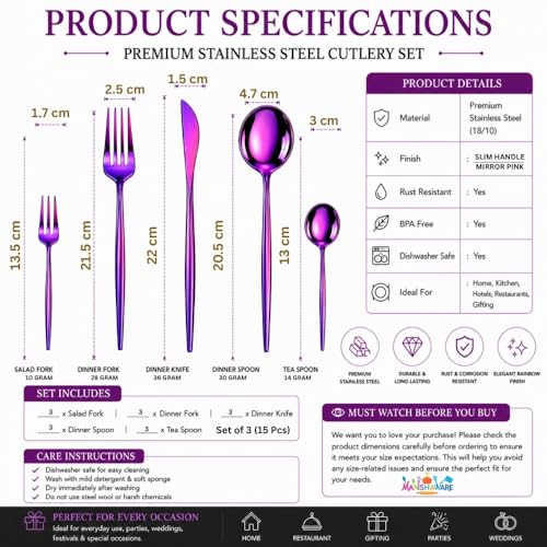 Image of Slim Handle Pink 15 Pcs Stainless Steel Cutlery Set for Dining Table, Dishwasher Safe Glossy Flatware (3 Spoon Set+3 Forks Set+3 Butter Knife+3 Dessert Spoon+ 3 Fruit Fork)
