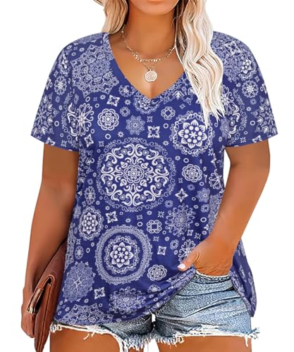Image of RITERA Women Plus Size Tops Tie Dye V Neck Shirt Floral Camo Summer Short Sleeve Tunic Oversized Ladies Blouse XL-5XL
