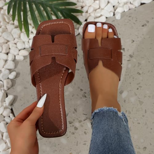 Image of Women's Dressy Casual Flat Sandals, Elegant Comfortable Slip-On Slides with Textured Upper, Versatile Dressy Style for Everyday Wear