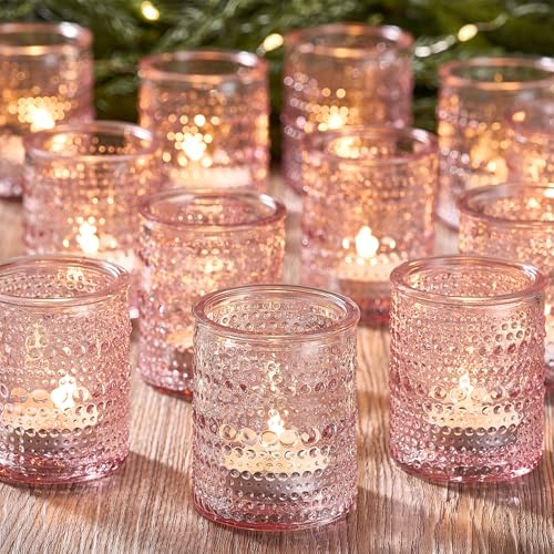 24 Pack Clear Glass Votive Candle Holders Vintage Candle Holder for Floating Candle Tealight Candle Holder for Table Centerpieces Home Bridal Shower Birthday Christmas Table Decoration (Pink)
