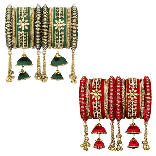Image of Peora Velvet Silk Thread Kundan Studded Chuda Bangles Set Gift for Women