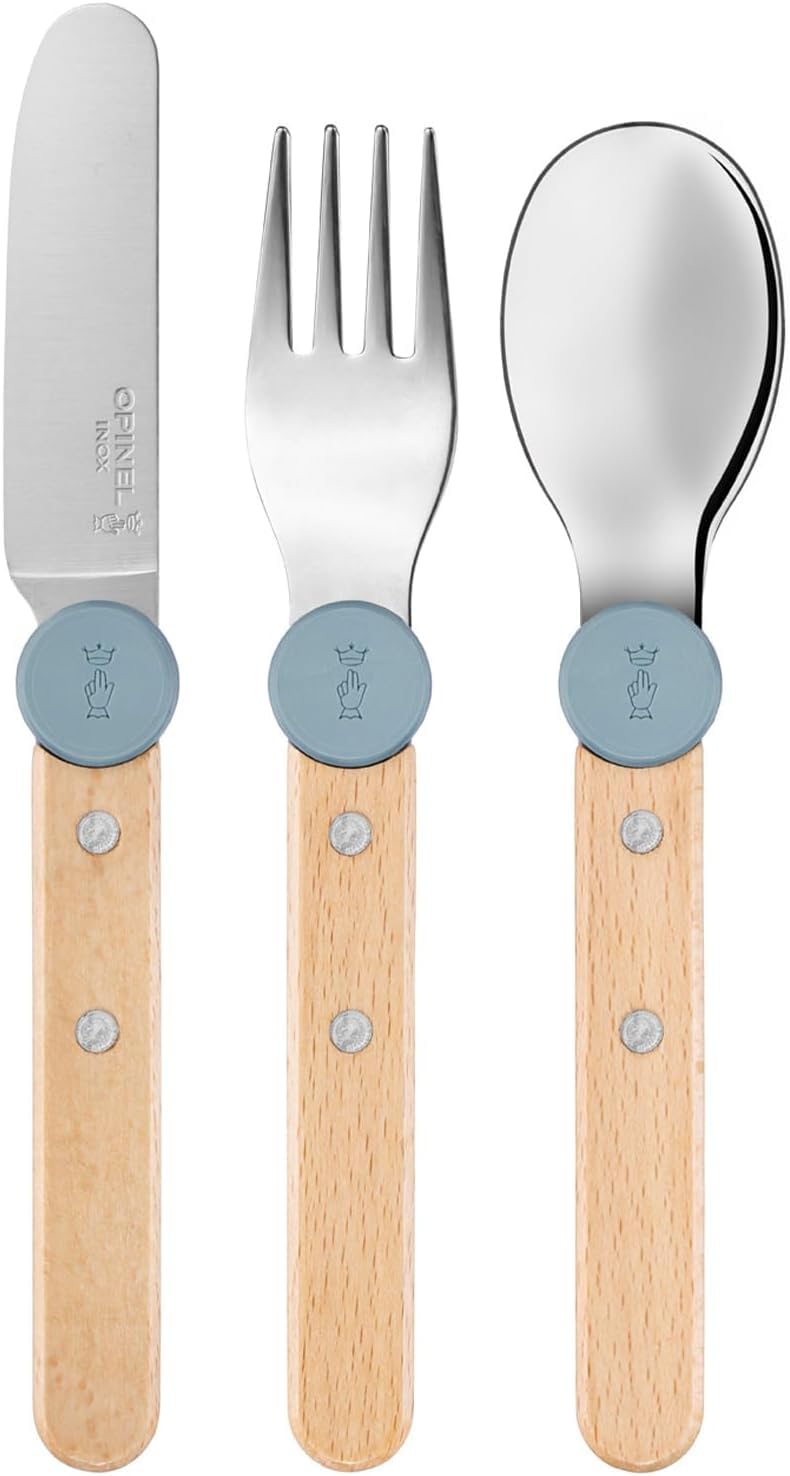 OPINEL Le Petit Gourmet Set de Couverts pour Enfants – Personnalisable avec Gravure – 4 pièces en Acier Inoxydable, idée Cadeau pour Naissance, baptême ou Anniversaire (Bleu Pluie)