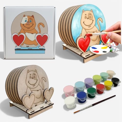 Image of BAGJI TOYS DIY Coaster Painting Kit for Kids & Adults - 6 Pre-Marked Wooden Tea Coasters with Stand, 12 Non-Toxic Water Base Colours & 1 Brush - Mandala Art & Craft DIY Set - Beginner Friendly Painting Craft Kit, Birthday & Gift Activity (MNDB1)