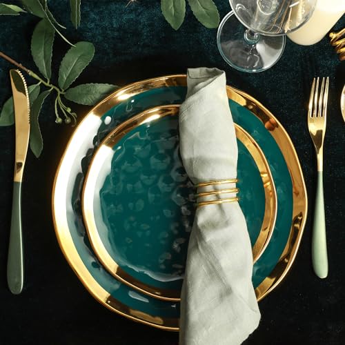 Stone Lain Florian Modern Porcelain 16 Piece Dinnerware Set, Plates and Bowls Set, Dish set for 4, Green and Golden Rim by Stone Lain - Image 4