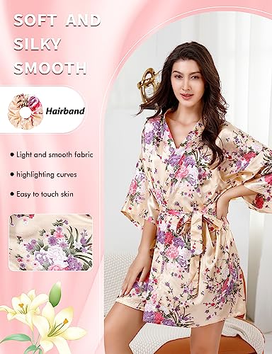 Image of EPLAZA Womens Floral Satin Robe Bride Bridesmaid Robes Wedding Kimono