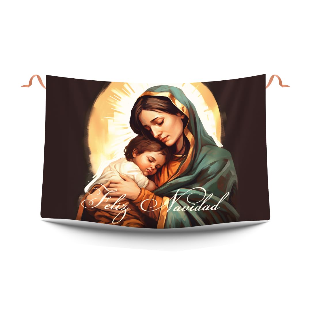 Balconeras Navidad nacimiento niño Jesús. Decoración navideña y colgaduras religiosas portal de Belén. Respotero navideño de tela para decorar balcones 100 x 70 cm.