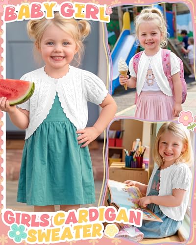 Image of Toddler Girls Cardigan Sweater | Short Sleeve Cardigan, School Wear Sweater, 18M-5T, Knit Baby Bolero Shrug, Cropped Puff Summer Tops, Button Open Front Shirt