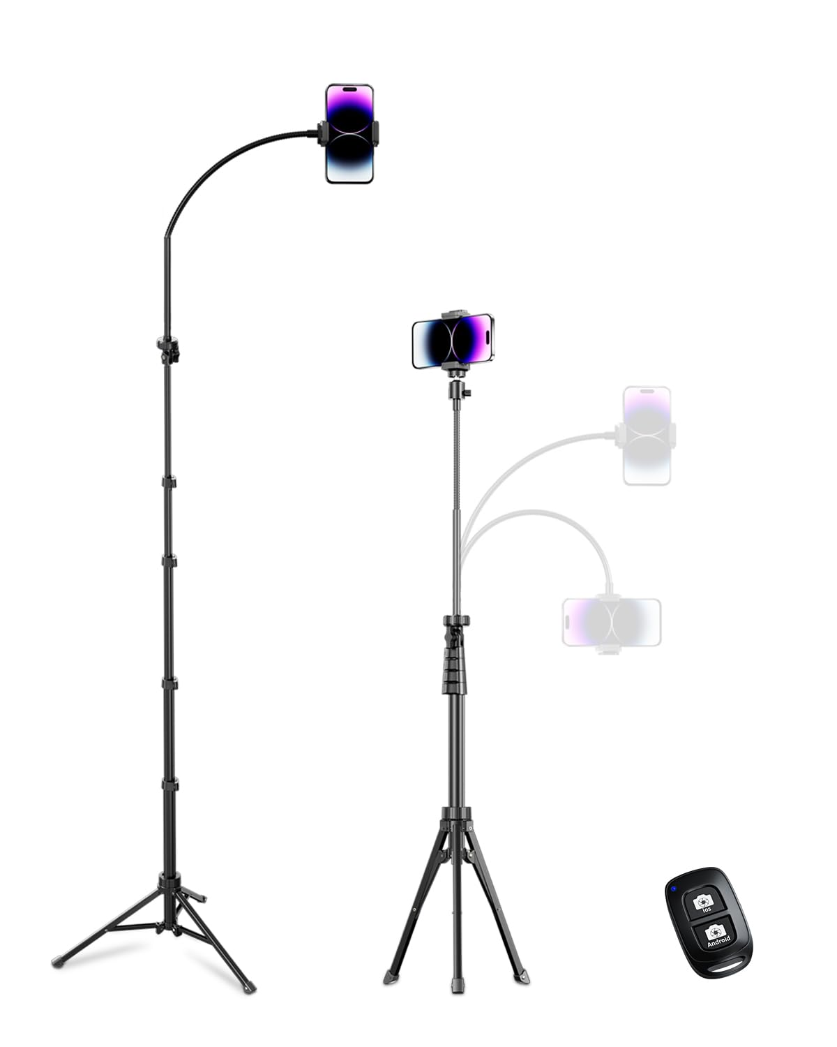 Aureday Supporto per cellulare da 88" per selfie con tubo flessibile da 14,95", telecomando Bluetooth e supporto per telefono cellulare, supporto per iPhone, telefoni Android e fotocamere