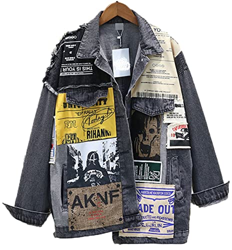 Hip Hop Denim Jacket Women Print Long Sleeve Coat Loose Washed Jeans Outerwear,One Size