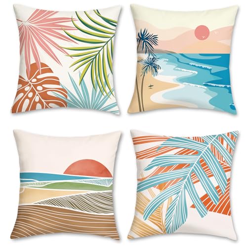 Bonhause Modern Tropical Summer Pillow Covers 18x18 Inch Set of 4 Palm Leaves Beach Decorative Pillows Case Soft Velvet Tropical Outdoor Decoration for Patio Garden Bed Home Decor