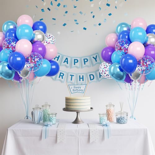 Image of Pink and Blue Balloons, 60PCS Dark Light Blue Purple Party Balloons, 12 Inch Pastel Confetti Pastel Pink Metallic Silver Balloon Helium for Kids Baby Shower Gender Reveal Birthday Party Decorations