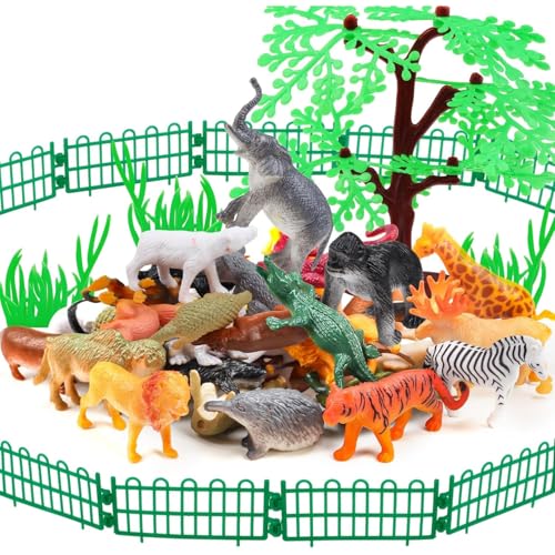 Figure di azione realistiche di mini animali da zoo giocattoli set regalo 53 pezzi per educazione e feste, foresta di plastica, safari, leone, ippopotamo, tigre, orso