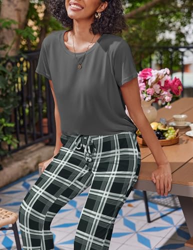 Image of Ekouaer 2 Pack Pajamas for Women Set Short Sleeve Pj Top and Printed Pants | Soft PJs Cozy Printed Lounge Sets Comfy Sleepwear with Pockets