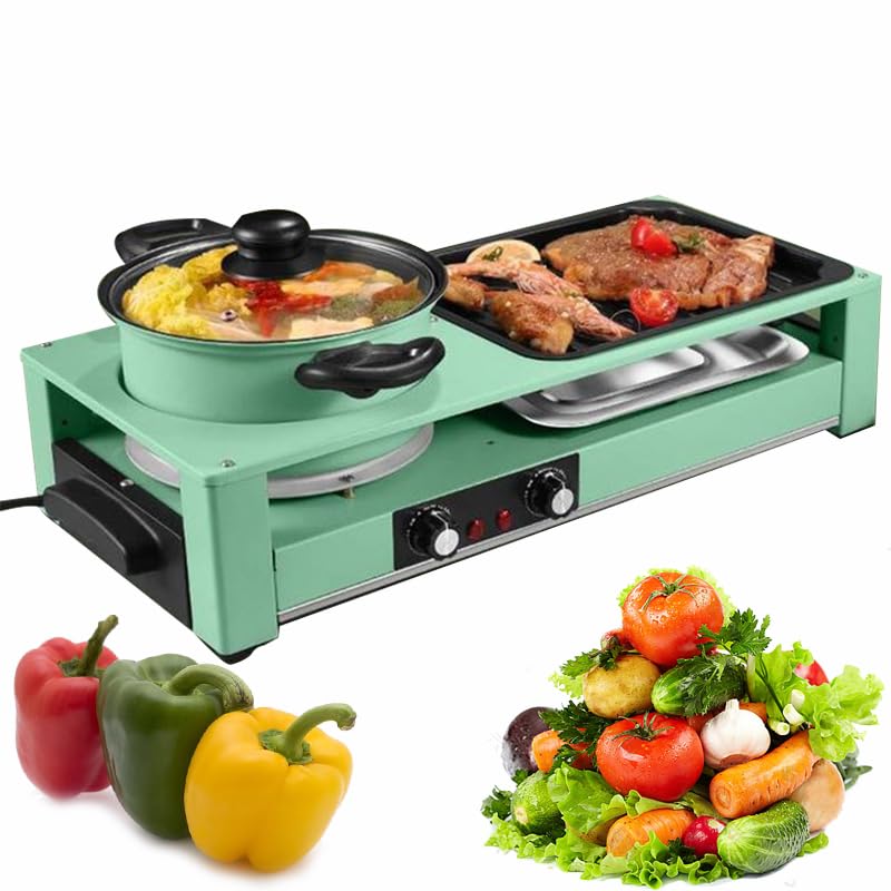 Olla Caliente Eléctrica con Parrilla, Olla Y Plancha Eléctrica Antiadherente para Interiores 2 En 1, Alta Potencia De 2200 W, Contral De Temperatura Dual Separado para 4-5 Personas