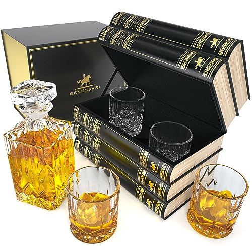 BENESSARI Whiskey Decanter Gift Set - Fake Book Tantalus Bourbon