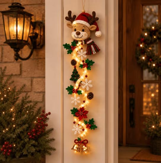 Glowing Christmas Door Hanger, Rustic Lighted Front Door Decor(elk)