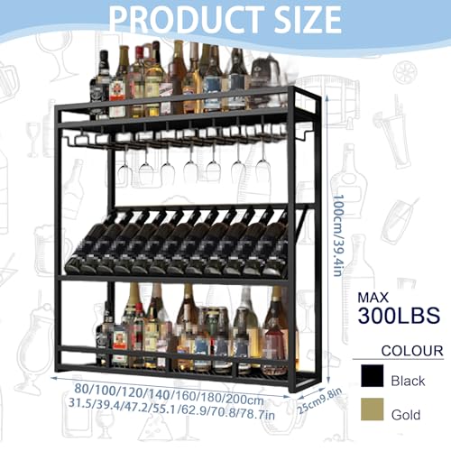 Range-bouteilles réglable en métal noir de 100 cm avec support de verres suspendu