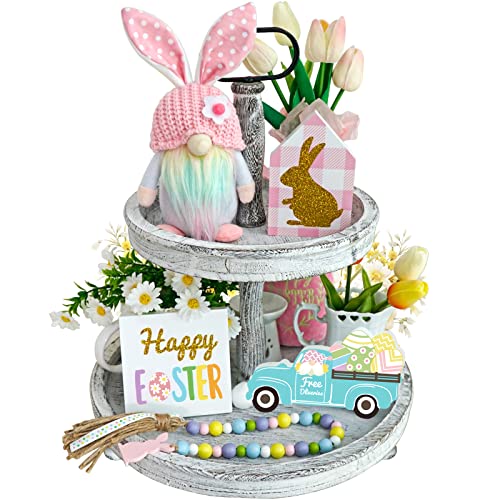 Easter Decorations, 5Pcs Easter Gnome Tiered Tray Decor, 3 Glitter Easter Wood Signs, Truck Full of Eggs, Easter Bunny Gnome Plush, Spring Easter Bead Garland,Rustic Farmhouse Spring Easter Decor
