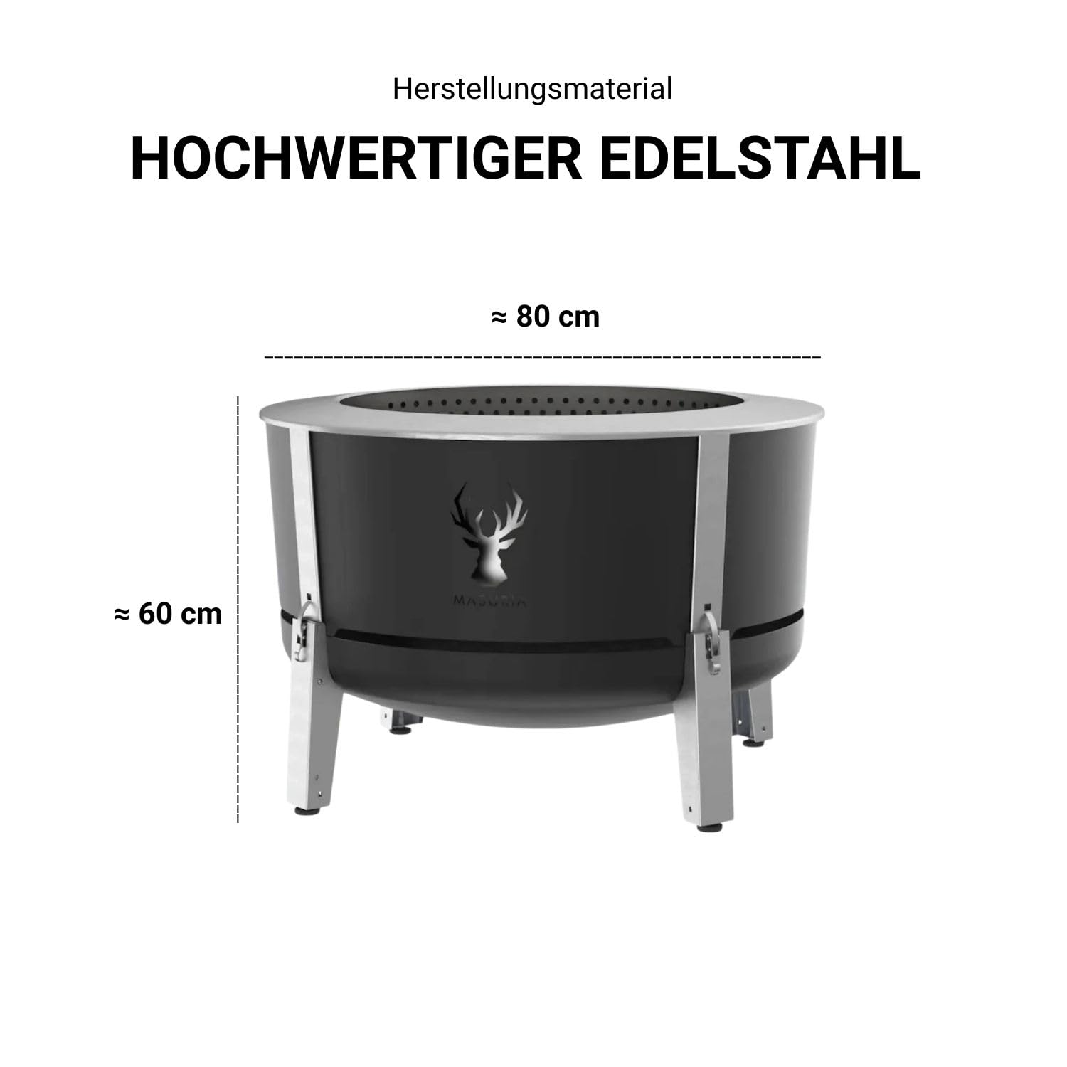 Masuria Rauchfreie Feuerschale 80cm Alpha 800 - Patentierte Rauchreduzierung bis zu 95% - Premium Feuertonne aus Edelstahl