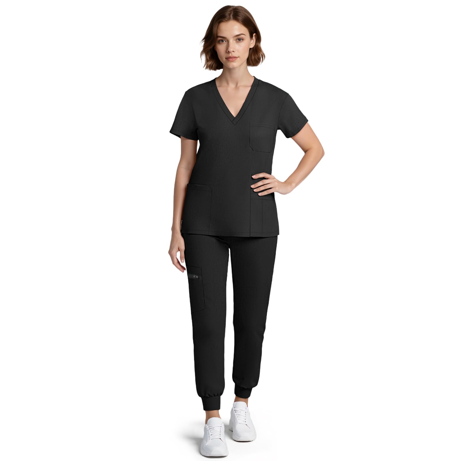 Anwrtuk Women's Black Medical Scrubs For Set, 4-Way Stretchmedical Uniform Scrub Top With Classic V-Neck & Yoga Jogger Pants Medical Nursing Uniform Set (, M)