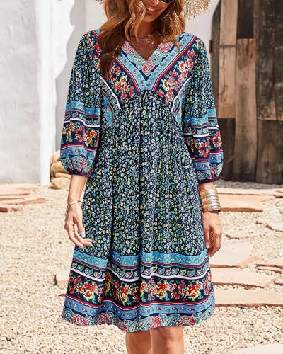Image of BTFBM Women Casual Spring Summer Dresses V Neck 3 /4 Long Sleeve Ruffle Floral Flowy Boho Babydoll Mini Short Beach Dress