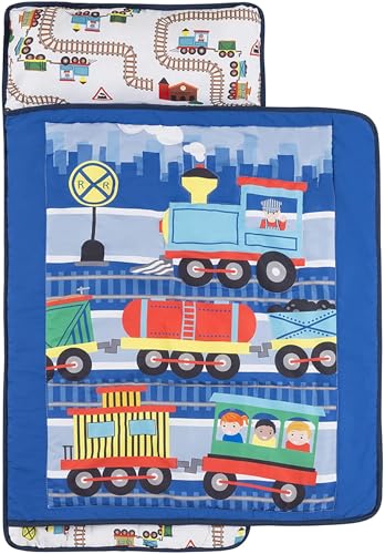 Image of EVERYDAY KIDS Toddler Nap Mat with Removable Pillow -Choo Choo Train- Carry Handle with Fastening Straps Closure, Rollup Design, Soft Microfiber for Preschool, Daycare, Sleeping Bag - Ages 2-6 Years