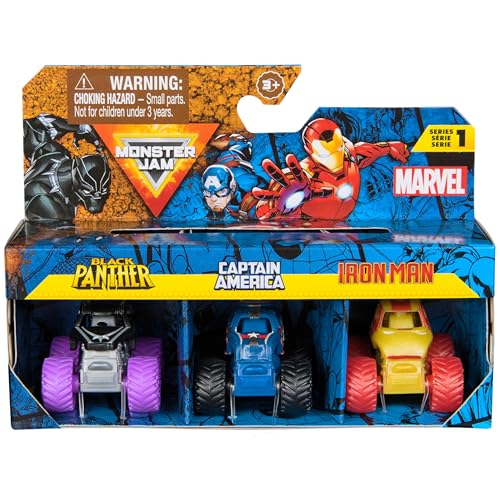 Monster Jam, Marvel Mini Monster Truck 3-Pack, Black Panther, Captain America, Iron Man Die-Cast Monster Trucks, 1:87 Scale, Kids Toys for Boys Ages 3 and Up