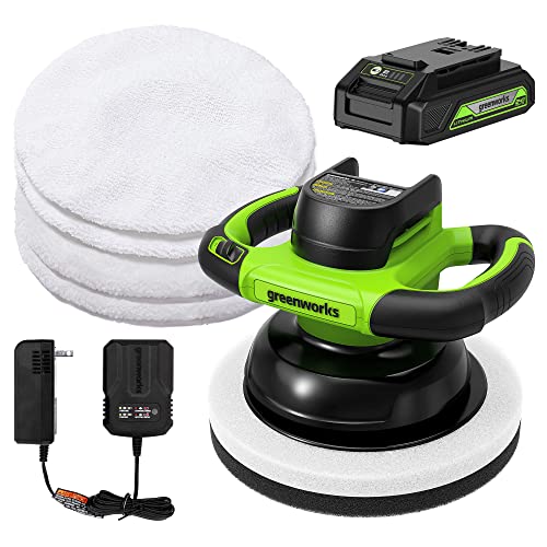 Greenworks 24V Powerful 10' Cordless Orbital Buffer, 10-inch pad 2800 RPM waxing machine with 4 Buffing Bonnets, 2.0Ah Battery & 2A Charger included