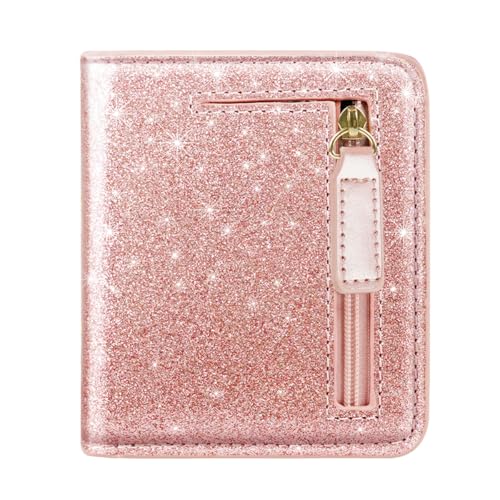 Image of Small Womens Glitter Wallet Thin Credit Card Holder Pocket | Compact Women Slim RFID Blocking Bling Wallets Bifold Ladies Mini Purse Pocket for Travel & Daily Use, Rose