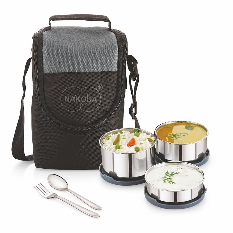 Image of NAKODA Trendy Small Insulated Lunch Pack (3 Stainless Steel Container 200ML | 300ML | 400ML | Steel Spoon & Fork) Set of 3-Grey
