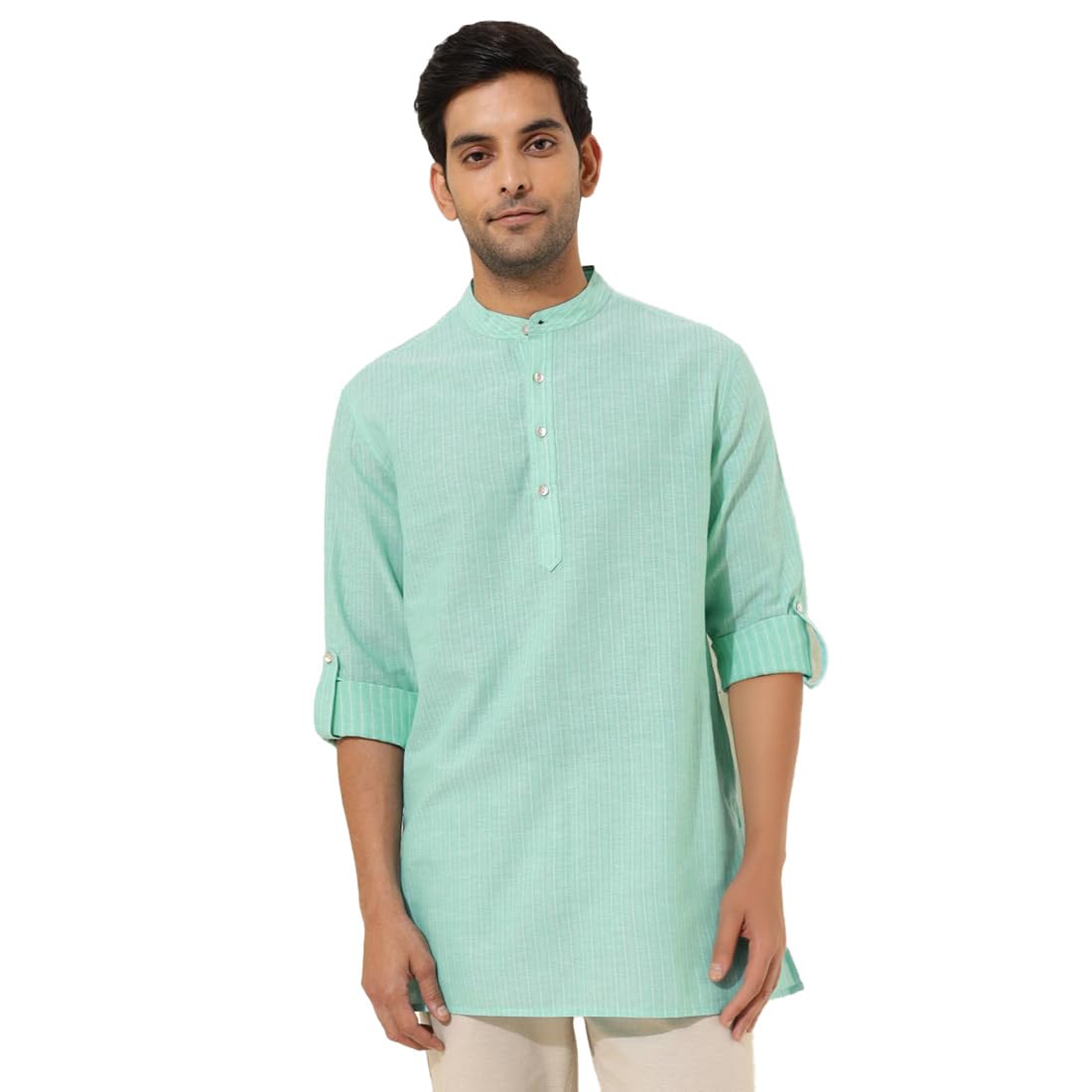 fabindia Men Cotton Green Dobby Chinese Collar Roll Up Sleeves Regular Fit Short Kurta-picture-33