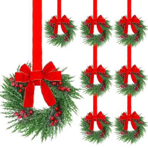 Image of YoleShy 8 Pcs Small Christmas Wreath 12 inch Mini Wreaths for Cabinets, Small Wreath with Berry & Red Velvet Bow Ribbon, Window Wreaths Christmas Cabinet Wreaths for Kitchen Front Door Chair Wall