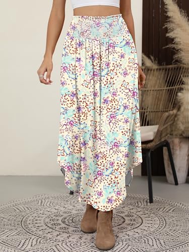 Image of ANRABESS Women's Maxi Skirts Summer Boho Floral High Waisted Flowy Swing Pleated Beach Long Skirt with Pockets