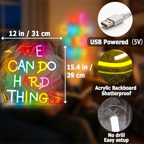 Image of We Can Do Hard Things Neon Sign for Wall Decor Light Up Sign Positive Led Signs for Class Room Party Home Wall Decor USB Powered