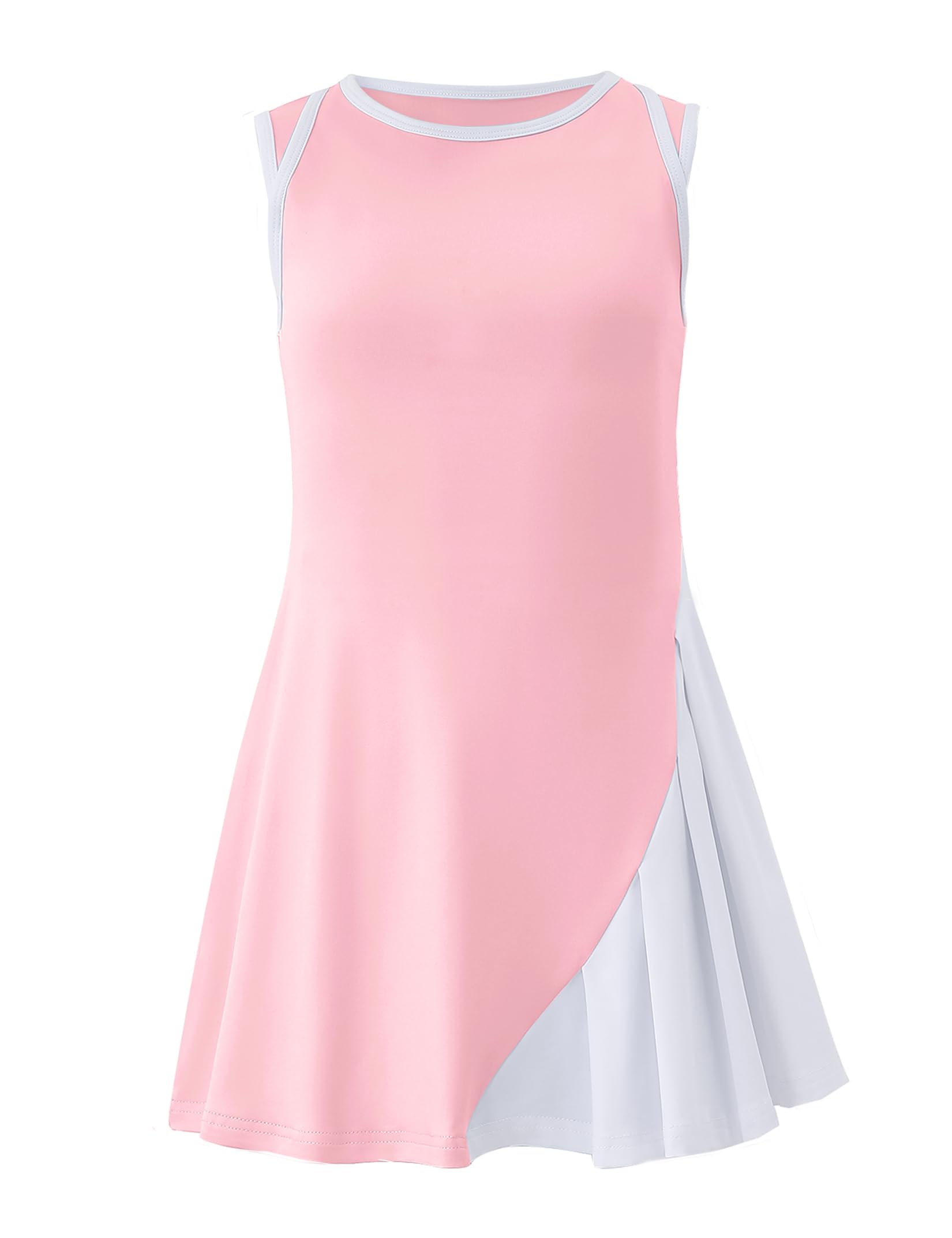 LIONJIE Girls Sleeveless Tennis Active Dresses with Shorts Kids Color Block Pleated Golf Pickleball Outfits with Pockets Pink