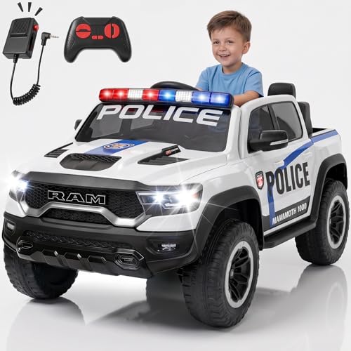 Image of 24V Licensed Dodge RAM Police Ride On Truck, 4WD Motor Kids Electric Car with Remote Control, 2-Seater Safe Ride On Vehicle, Bluetooth Music Emergency Light, Birthday Gift for 3-8 Years Boys Girls