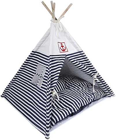 VIILER- Pet Supplies Washable Durable Navy Stripe Style Pet House Tent and Pet Bed with Strong Sticks and Comfortable Mat Set for Little…