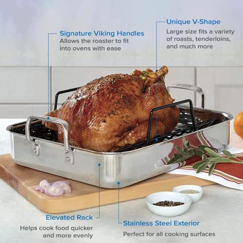Image of Viking 3-Ply Stainless Steel Roasting Pan with Non Stick Rack, 16 x 13 Inch Kitchen Cookware, Great for Turkey, Dishwasher and Oven Safe, Induction Ready, Silver