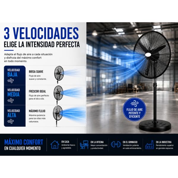 Bilake Ventilador de Pie Industrial Tormenta Metal | Altura Regulable 155-185cm | Motor AC 3 Velocidades | Oscilante y Fijo | Cabezal Orientable | Talleres y Naves (280W | 81Ø cm)