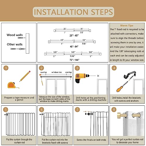 Olv 2 Pack Gold Rods For Window 28-48 Inch, Adjustable Single Window Curtain Rods With End Cap Design Finials,Drapery Rods Of Window Treatment,1 Inch Diameter,Brass Gold #TOP5