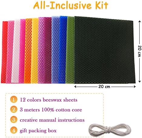Beeswax Candle Making Kit for Adults- Beeswax Sheets for Candle Making, 12 Colors Natural Beeswax DIY Candle Making Kit, Beeswax Honeycomb Sheet Gift, Full Candle Making Kit for Kids, 20 x 20 CM
