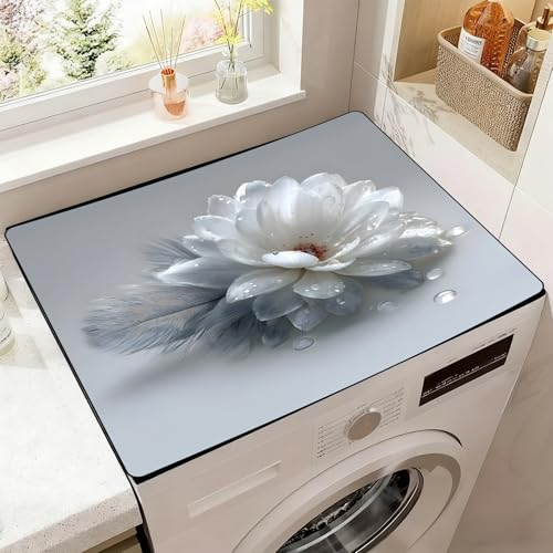 Image of Washer Dryer Top Cover Mat, Non-Slip Laundry Room Decor, Laundry Room Kitchen Appliance Decor Protector Universal 23.6 inchx19.7 inch (White Flower)