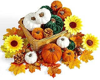 Whaline 57Pcs Fall Party Decoration Set Fake Velvet Pumpkin Artificial Sunflower Maple Leaves Acorns Pine Corns 3 Sizes Orange Green White Foam Pumpkin for Autumn Harvest Thanksgiving Decoration