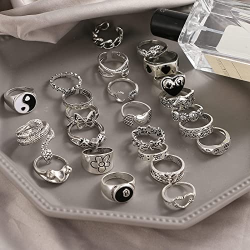 IFKM Vintage Silver Knuckle Rings Set for Women Teen Girl, Stackable Joint Finger Statement Rings Bohemian Retro Hollow Carved Midi Rings, Boho Y2k Snake Butterfly Heart Chunky Stacking Rings Pack (24Pcs Vintage Silver)