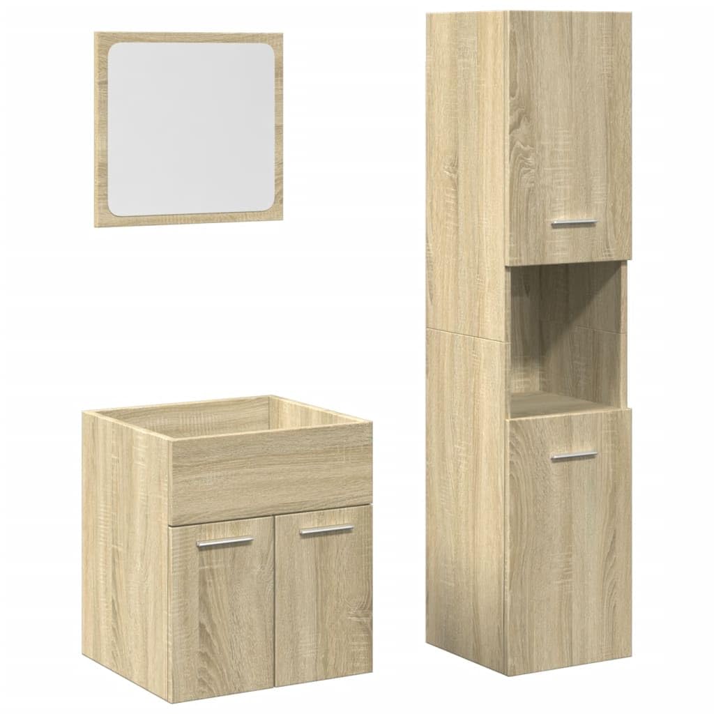 Fengshui 3-częściowy zestaw mebli łazienkowych z drewna dąb sonoma z wysoką szafką i szafką z lustrem, możliwość montażu na ścianie, aby uzyskać więcej miejsca do przechowywania w łazience, lustro ze